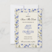 Sweet Pea Bloemen Blauw en Crème Save The Date (Voorkant)