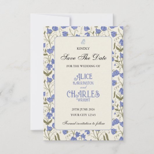 Sweet Pea Bloemen Blauw en Crème Save The Date (Voorkant)