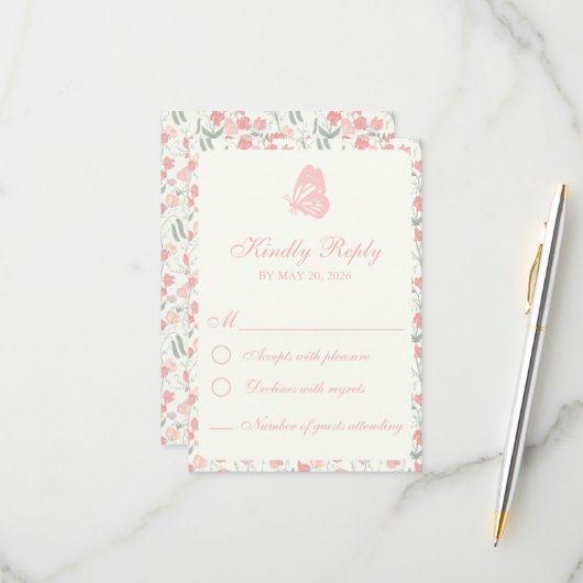 Sweet Pea Bloemen Roze en Crème RSVP Kaartje (Voorkant / Achterkant in situ)