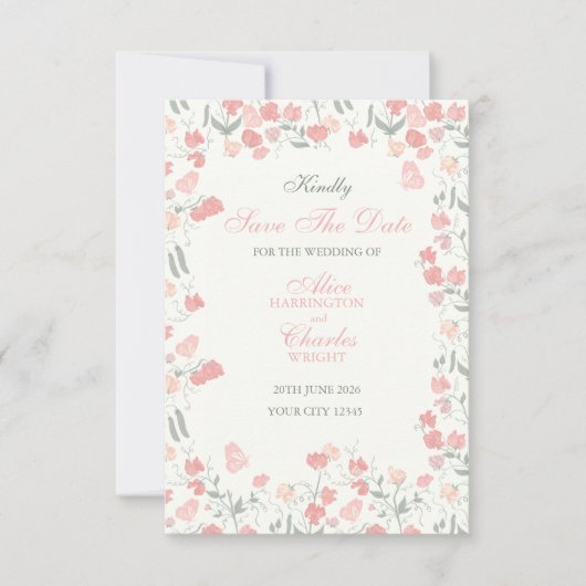 Sweet Pea Bloemen Roze en Crème Save The Date (Voorkant)