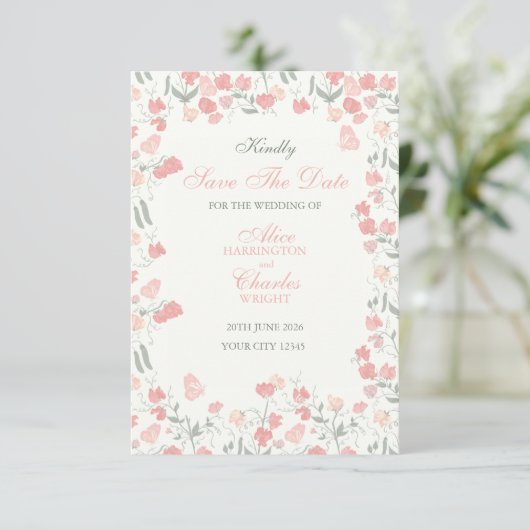 Sweet Pea Bloemen Roze en Crème Save The Date (Staand voorkant)