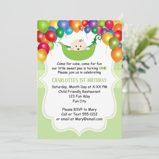 Sweet Pea eerste verjaardag uitnodiging (Staand voorkant)