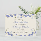 Sweet Pea Floral Blue en Cream Bewaar de datum Kaart (Staand voorkant)