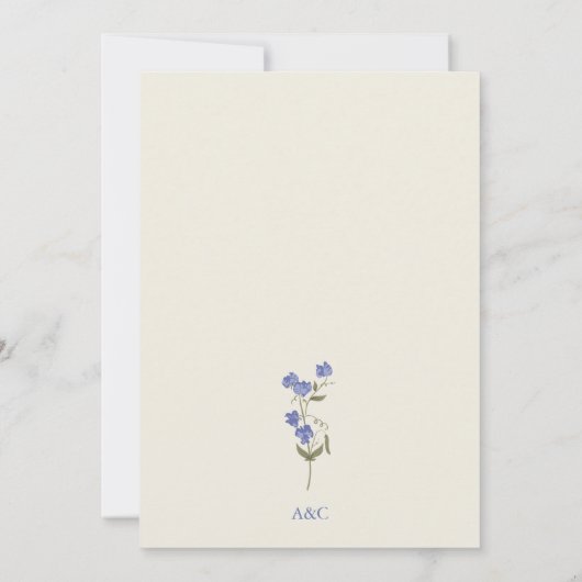 Sweet Pea Floral Blue en Cream bruiloft uitnodigin Kaart (Achterkant)