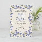Sweet Pea Floral Blue en Cream Uitnodiging (Staand voorkant)