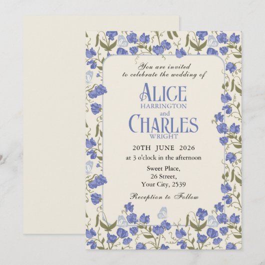Sweet Pea Floral Blue en Cream Uitnodiging (Voorkant / Achterkant)