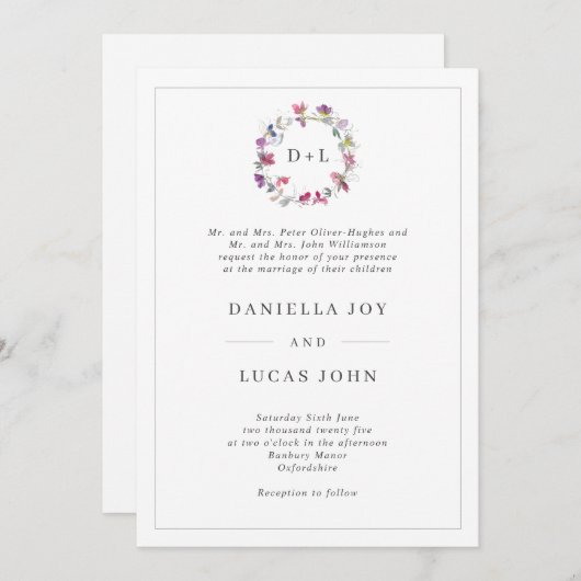 Sweet Pea Floral Wreath Monogram Weddenschap Kaart (Voorkant / Achterkant)