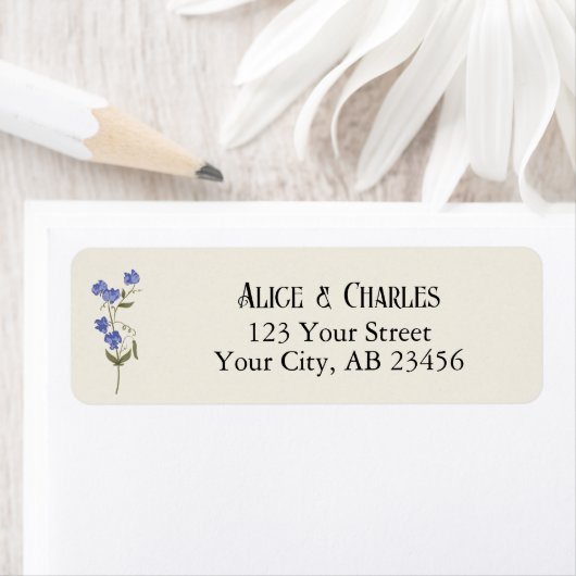 Sweet Pea Flower Blue en Cream Wedding Etiket (Insitu)