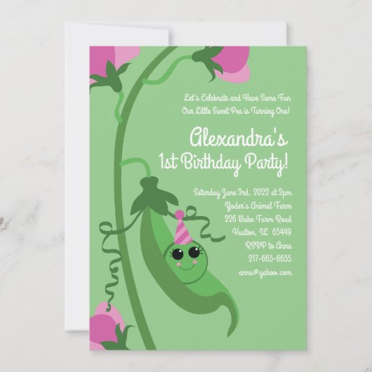 Sweet Pea is een 1e verjaardag Schattigee uitnodig Kaart (Voorkant)