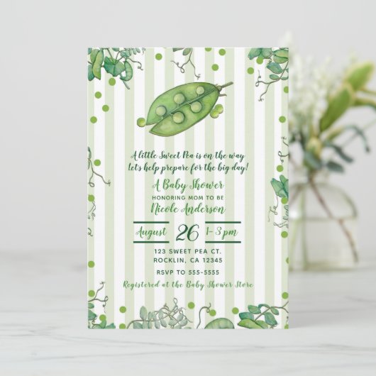 Sweet Pea Pod Groen Gestreept Baby shower Kaart (Staand voorkant)