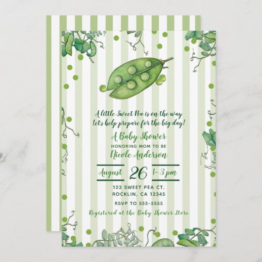 Sweet Pea Pod Groen Gestreept Baby shower Kaart (Voorkant / Achterkant)