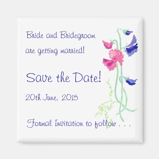 Sweet Pea Roze en Blauw 'Save the Date' Magnet (Voorkant)