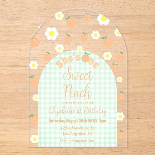Sweet Peach 1e verjaardag Acryl Uitnodigingen (Voorkant)