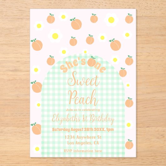 Sweet Peach 1e verjaardag Acryl Uitnodigingen (Voorkant)