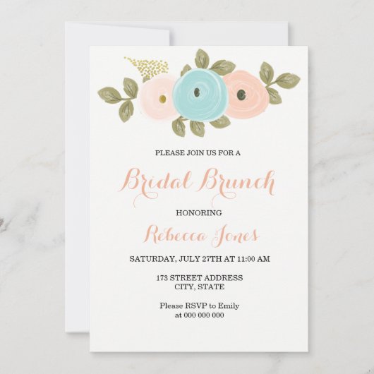 Sweet Peach Blauwgroen Floral Bridal Brunch Invite Kaart (Voorkant)