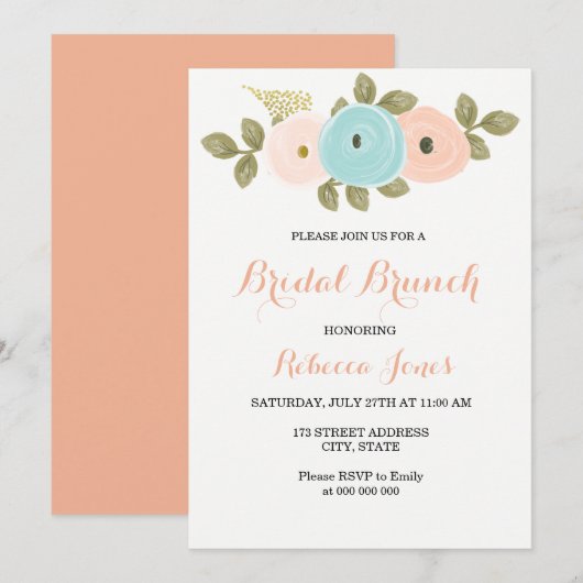 Sweet Peach Blauwgroen Floral Bridal Brunch Invite Kaart (Voorkant / Achterkant)