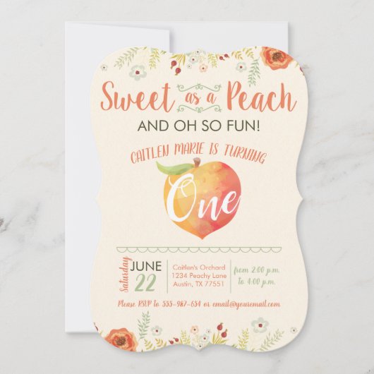 Sweet Peach Bloemen Eerste Verjaardag Uitnodiging (Voorkant)