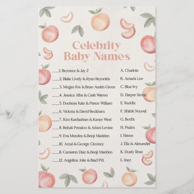 Sweet Peach Boho Celebrity Baby Namen Spel (Voorkant)