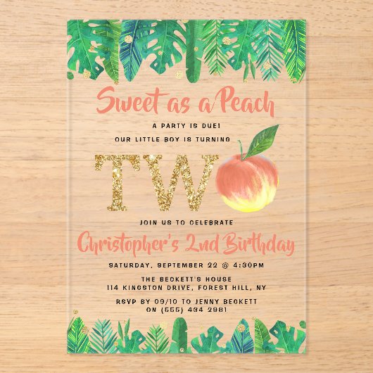 Sweet Peach Boys 2e verjaardag Acryl Uitnodigingen (Voorkant)