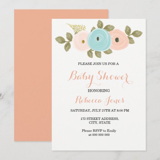 Sweet Peach Floral Baby shower Invitation Kaart (Voorkant / Achterkant)