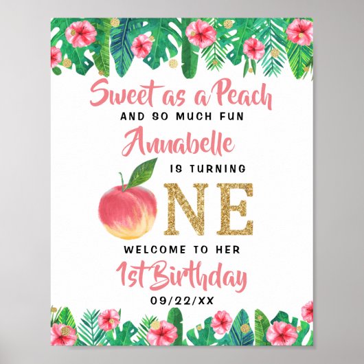 Sweet Peach Girls 1st Birthday Welkom Poster (Voorkant)