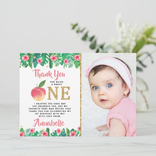 Sweet Peach Girls 1ste verjaardag foto Bedankkaart (Staand voorkant)