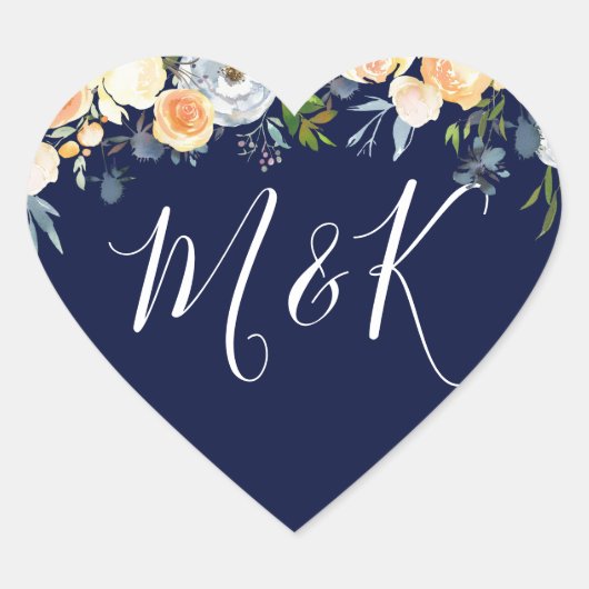 Sweet Peach & Navy Flowers Weddenschap Initialen v Hart Sticker (Voorkant)