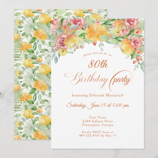 Sweet Peach Rozen Floral 80th Kaart (Voorkant / Achterkant)