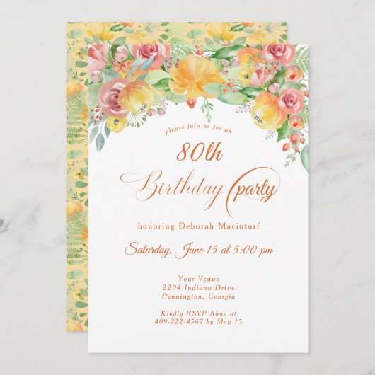 Sweet Peach Rozen Floral 80th Kaart (Voorkant / Achterkant)