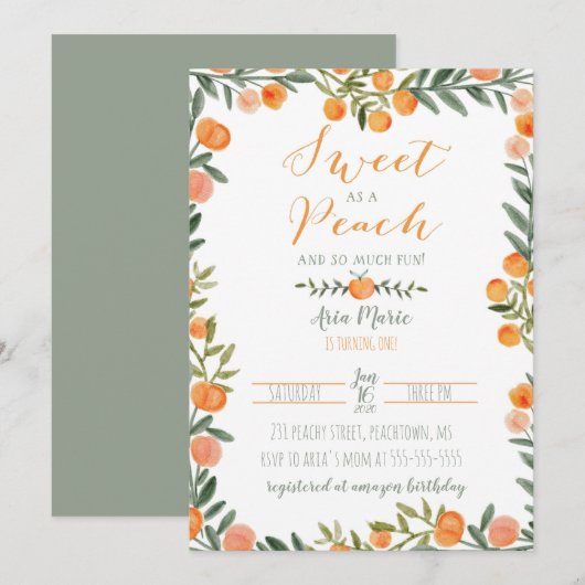 Sweet Peach Theme First Birthday Invitation Kaart (Voorkant / Achterkant)