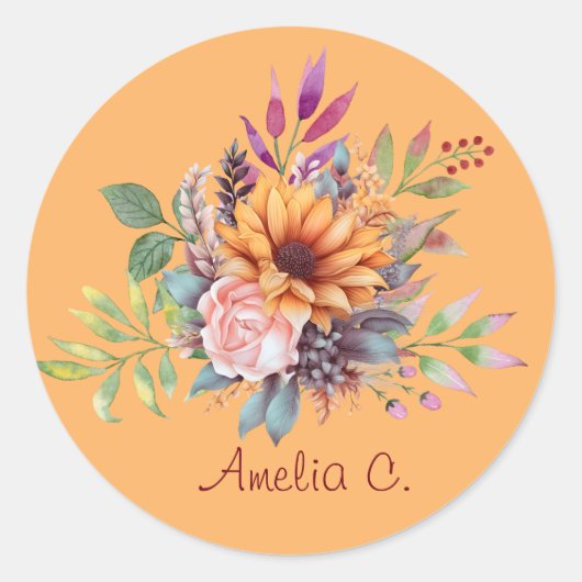 Sweet Peach Tone Pastel Waterverf Bloemen Ronde Sticker (Voorkant)