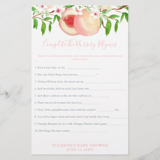 Sweet Peaches Baby Shower Nursery Rhymes Game Card Flyer (Voorkant)