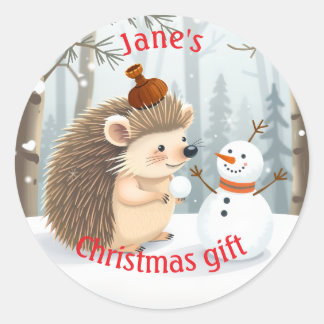 Sweet personlized hedgehog and snowman ronde sticker