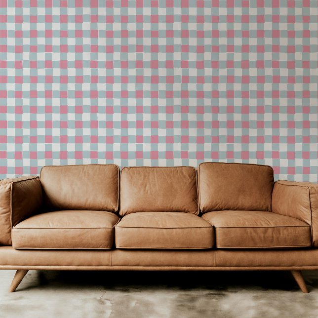 Sweet Pink and Blue Hand-Drawn geruite geruite Behang (Sweet pink and blue hand-drawn checkered plaid modern peel and stick wallpaper.)