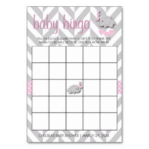 Sweet Pink and Grey Olifant Baby shower Bingo Kaart