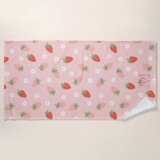 Sweet Pink and Red Strawberries Monogram Strandlaken (Voorkant)
