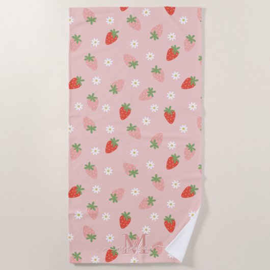 Sweet Pink and Red Strawberries Monogram Strandlaken (Voorkant)