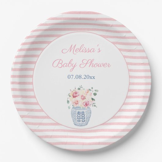 Sweet Pink and White Floral Girl Baby shower Party Papieren Bordje (Voorkant)