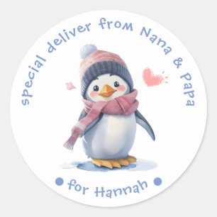 Sweet Pink Baby Penguin Christmas Label voor kinde