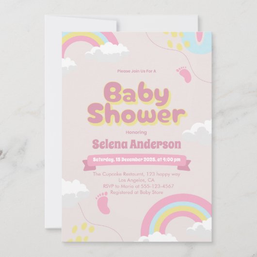 Sweet Pink Baby shower Uitnodigen met regenbogen Kaart (Voorkant)