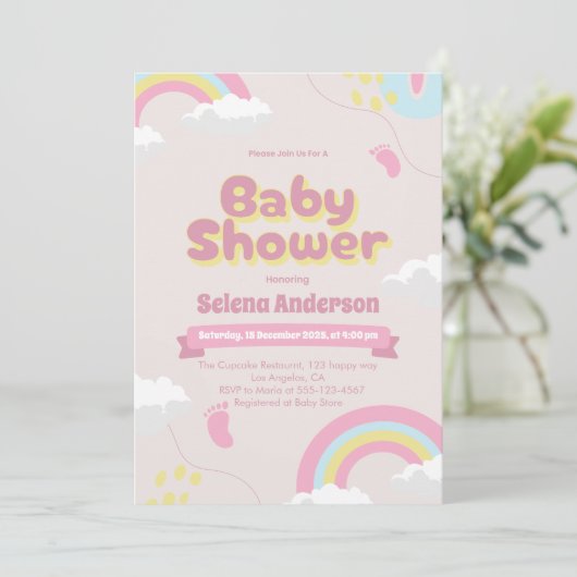 Sweet Pink Baby shower Uitnodigen met regenbogen Kaart (Staand voorkant)