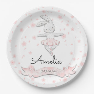 Sweet Pink Ballerina Bunny First Birthday Floral Papieren Bordje