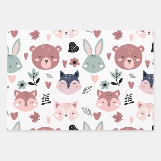 Sweet Pink Bear Fox And Bunny Forest Inpakpapier Vel (Voorkant 3)