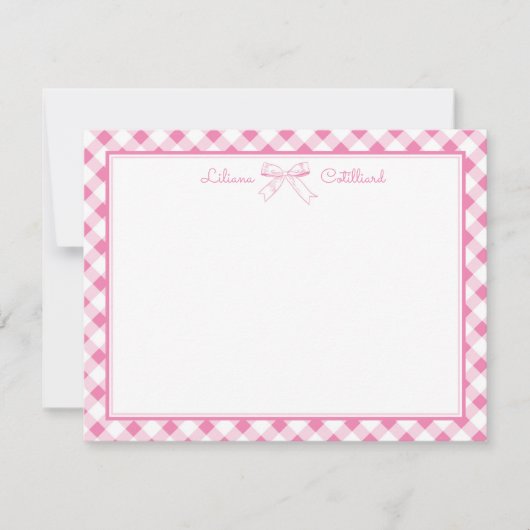 Sweet Pink Bow and Gingham Note Card Notitiekaartje (Voorkant)