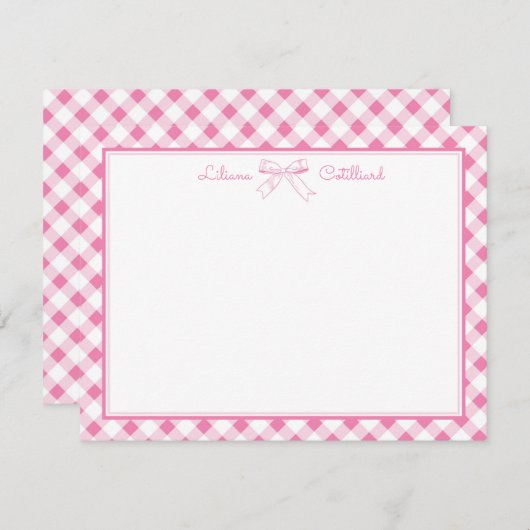 Sweet Pink Bow and Gingham Note Card Notitiekaartje (Voorkant / Achterkant)