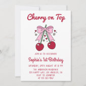 Sweet Pink Bow Cherry on Top 1st Birthday Kaart (Voorkant)