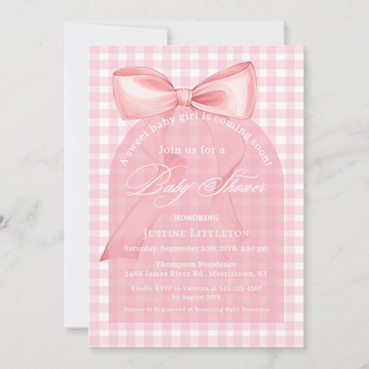 Sweet Pink Bow Gingham Arch Girl Baby shower Kaart (Voorkant)