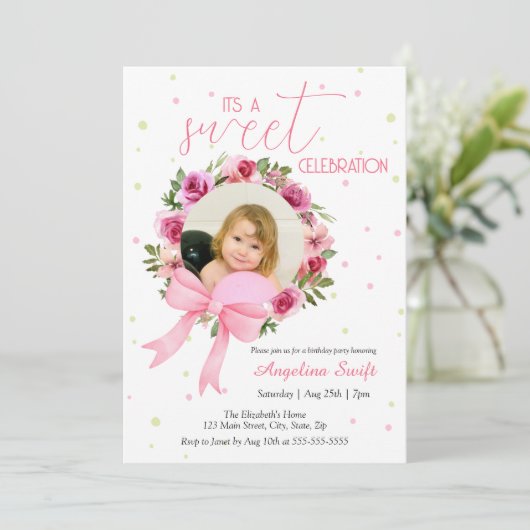 Sweet Pink Bow Roos Bloemen Foto Verjaardag Kaart (Staand voorkant)
