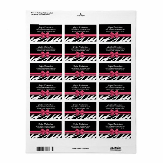 Sweet Pink Bow zebra Elegante adresetiketten Etiket (Full Sheet)