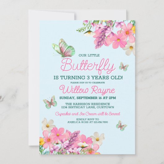 Sweet Pink Butterfly Theme Verjaardagsfeestje voor Kaart (Voorkant)